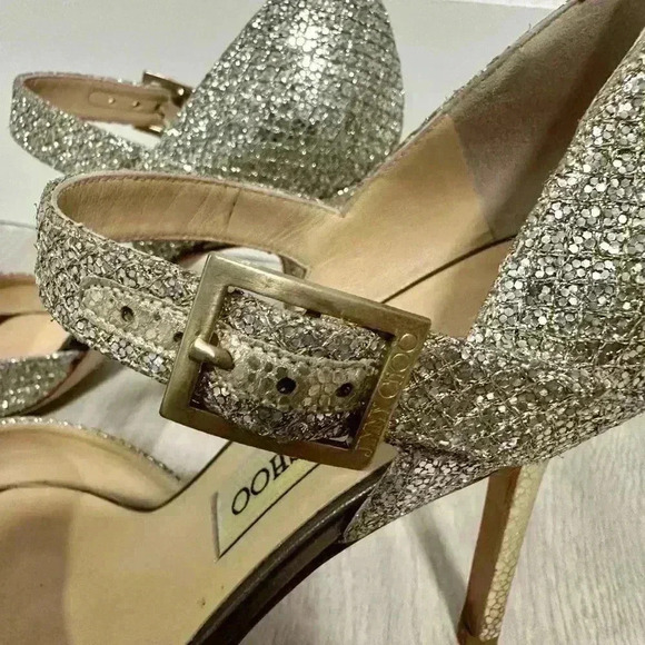Jimmy Choo Gold Coarse Glitter Peep Toe Ankle Strap Sandals Size 35 1/2 - Picture 16 of 16